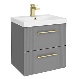 Roxbury Deco Fluted 500mm Grey Vanity Unit - Wall Hung 2-Drawer Unit & Brushed Brass Handles