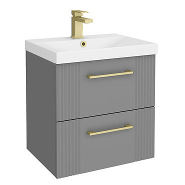 Roxbury Deco Fluted 500mm Grey Vanity Unit - Wall Hung 2-Drawer Unit & Brushed Brass Handles