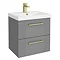 Roxbury Deco Fluted 500mm Grey Vanity Unit - Wall Hung 2-Drawer Unit & Brushed Brass Handles