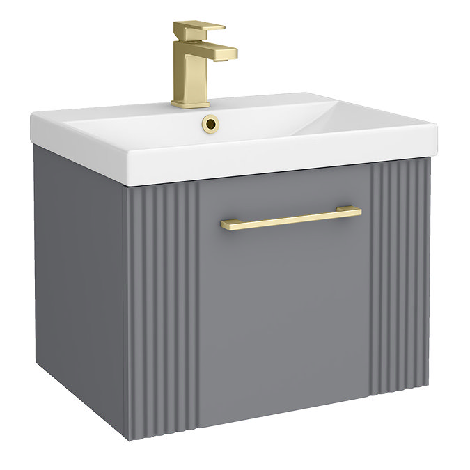 Roxbury Deco Fluted 500mm Grey Vanity Unit - Wall Hung 1-Drawer Unit with Brushed Brass Handle