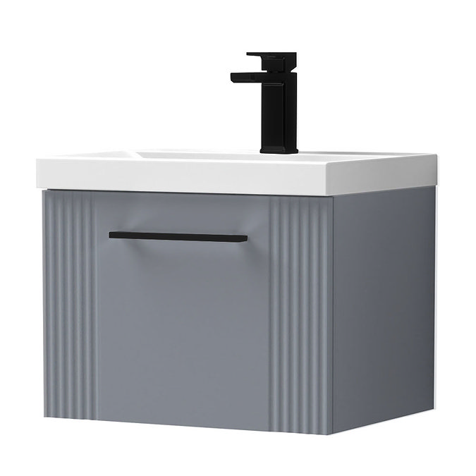 Roxbury Deco Fluted 500mm Grey Vanity Unit - Wall Hung Single Drawer Unit with Matt Black Handle