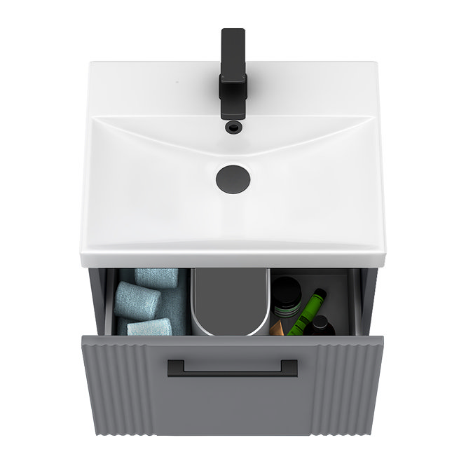 Roxbury Deco Fluted 500mm Grey Vanity Unit - Wall Hung Single Drawer Unit with Matt Black Handle