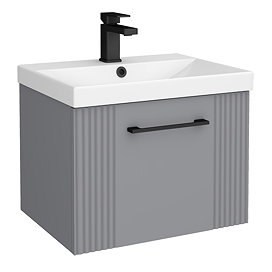 Roxbury Deco Fluted 500mm Grey Vanity Unit - Wall Hung Single Drawer Unit with Matt Black Handle