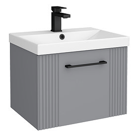 Roxbury Deco Fluted 500mm Grey Vanity Unit - Wall Hung Single Drawer Unit with Matt Black Handle