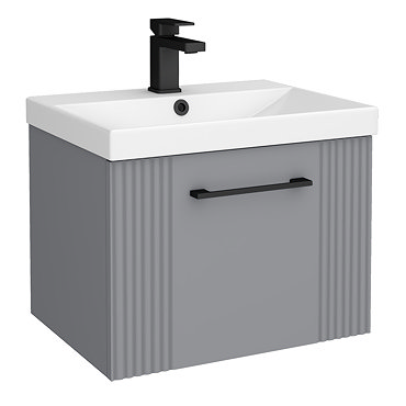 Roxbury Deco Fluted 500mm Grey Vanity Unit - Wall Hung Single Drawer Unit with Matt Black Handle