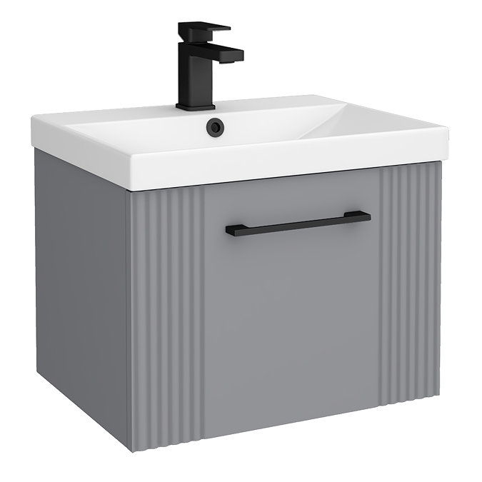 Roxbury Deco Fluted 500mm Grey Vanity Unit - Wall Hung Single Drawer Unit with Matt Black Handle