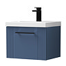 Roxbury Deco Fluted 500mm Blue Vanity Unit - Wall Hung Single Drawer Unit and Matt Black Handle