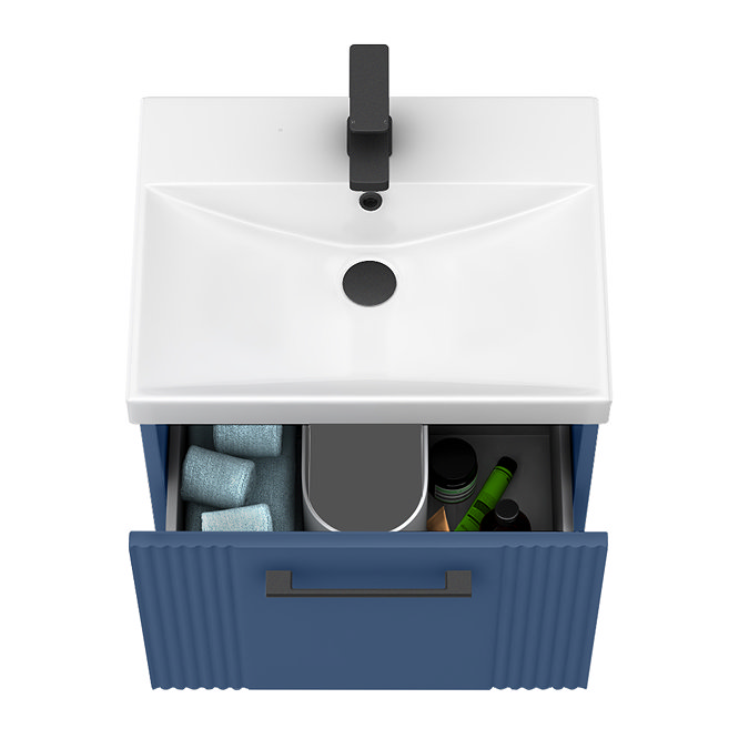 Roxbury Deco Fluted 500mm Blue Vanity Unit - Wall Hung Single Drawer Unit and Matt Black Handle