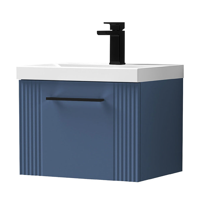 Roxbury Deco Fluted 500mm Satin Blue Vanity Unit - Wall Hung Single Drawer Unit and Matt Black Handl