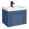 Roxbury Deco Fluted 500mm Blue Vanity Unit - Wall Hung Single Drawer Unit and Matt Black Handle