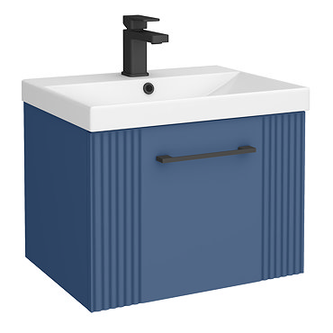 Roxbury Deco Fluted 500mm Satin Blue Vanity Unit - Wall Hung Single Drawer Unit and Matt Black Handle  Profile Large Image