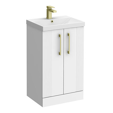 Roxbury Deco Fluted 500mm White Vanity Unit - Floor Standing 2 Door Unit with Brushed Brass Handles
