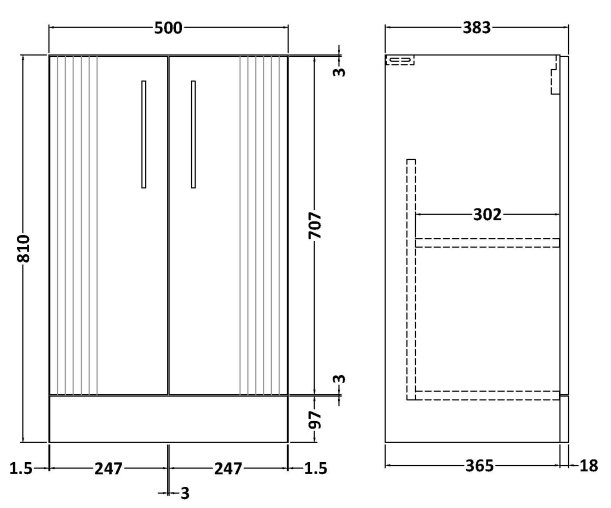 Roxbury Deco Fluted 500mm white Vanity Unit - Floor Standing 2 Door Unit with Chrome Handles