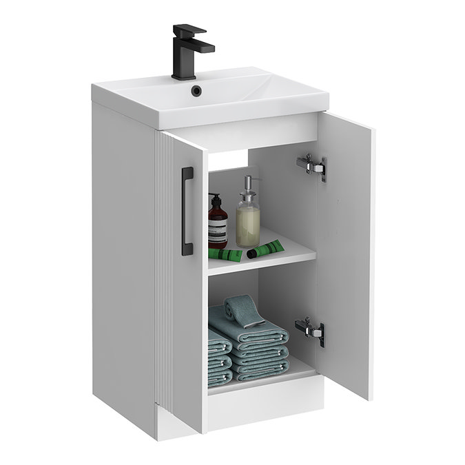 Roxbury Deco Fluted 500mm White Vanity Unit - Floor Standing 2 Door Unit with Matt Black Handles