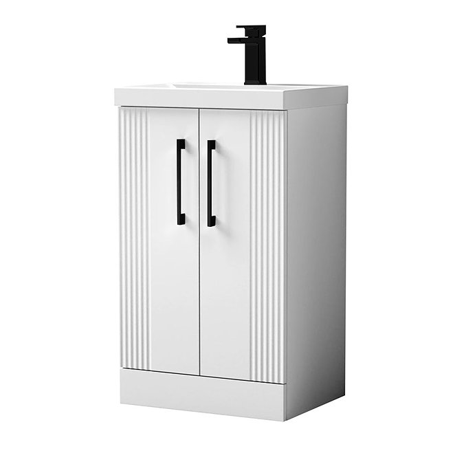 Roxbury Deco Fluted 500mm White Vanity Unit - Floor Standing 2 Door Unit with Matt Black Handles - R