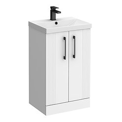 Roxbury Deco Fluted 500mm White Vanity Unit - Floor Standing 2 Door Unit with Matt Black Handles