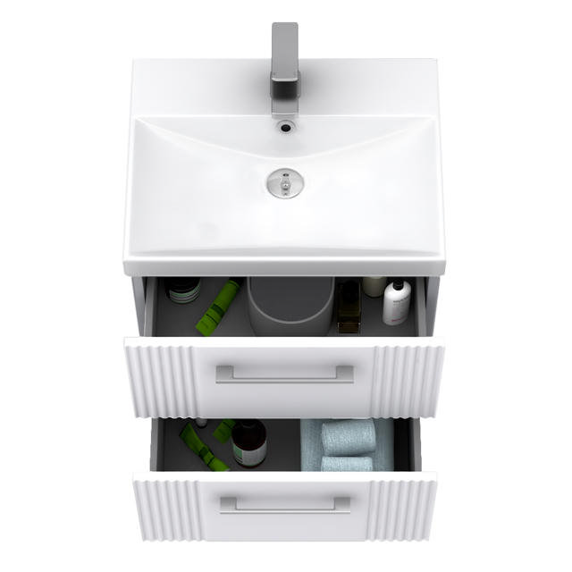 Roxbury Deco Fluted 500mm White Vanity Unit - Wall Hung 2-Drawer Unit & Chrome Handles