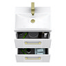 Roxbury Deco Fluted 500mm White Vanity Unit - Wall Hung 2-Drawer Unit with Brushed Brass Handles