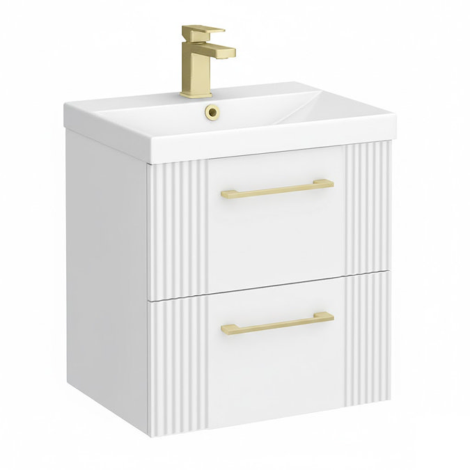 Roxbury Deco Fluted 500mm White Vanity Unit - Wall Hung 2-Drawer Unit with Brushed Brass Handles