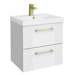 Roxbury Deco Fluted 500mm White Vanity Unit - Wall Hung 2-Drawer Unit with Brushed Brass Handles