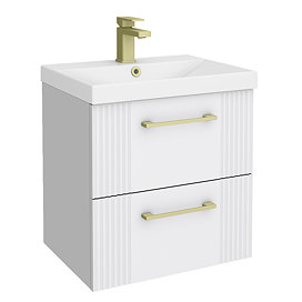Roxbury Deco Fluted 500mm White Vanity Unit - Wall Hung 2-Drawer Unit with Brushed Brass Handles