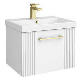 Roxbury Deco Fluted 500mm White Vanity Unit - Wall Hung 1-Drawer Unit with Brushed Brass Handle
