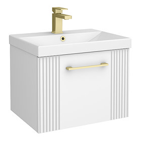 Roxbury Deco Fluted 500mm White Vanity Unit - Wall Hung 1-Drawer Unit with Brushed Brass Handle