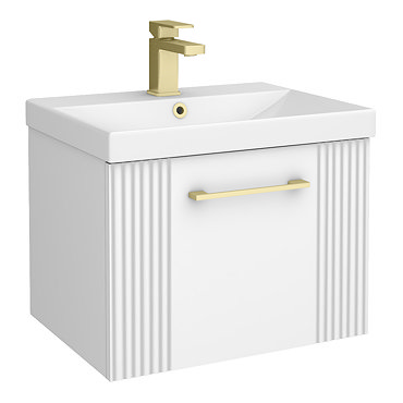 Roxbury Deco Fluted 500mm White Vanity Unit - Wall Hung 1-Drawer Unit with Brushed Brass Handle