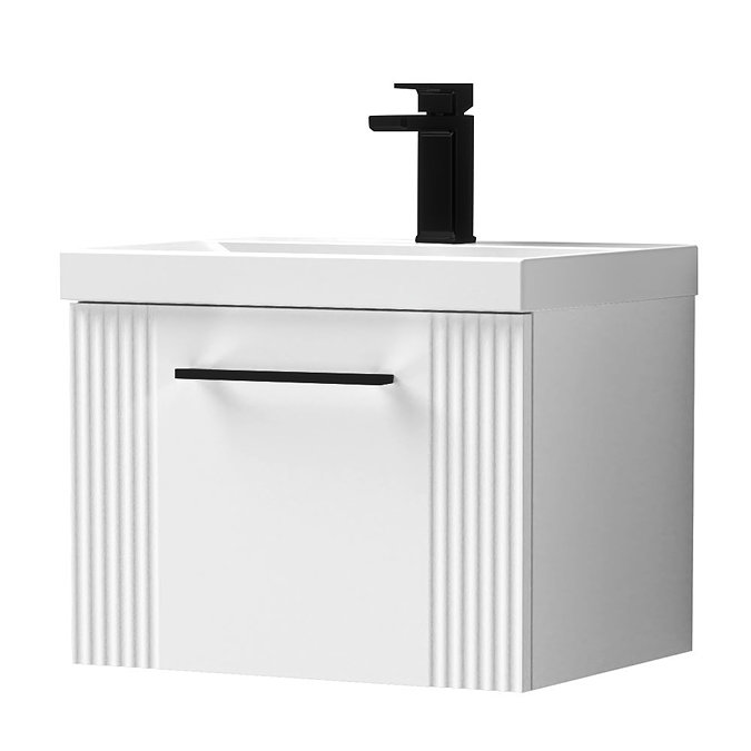 Roxbury Deco Fluted 500mm White Vanity Unit - Wall Hung Single Drawer Unit with Matt Black Handle