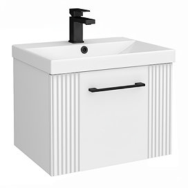 Roxbury Deco Fluted 500mm White Vanity Unit - Wall Hung Single Drawer Unit with Matt Black Handle