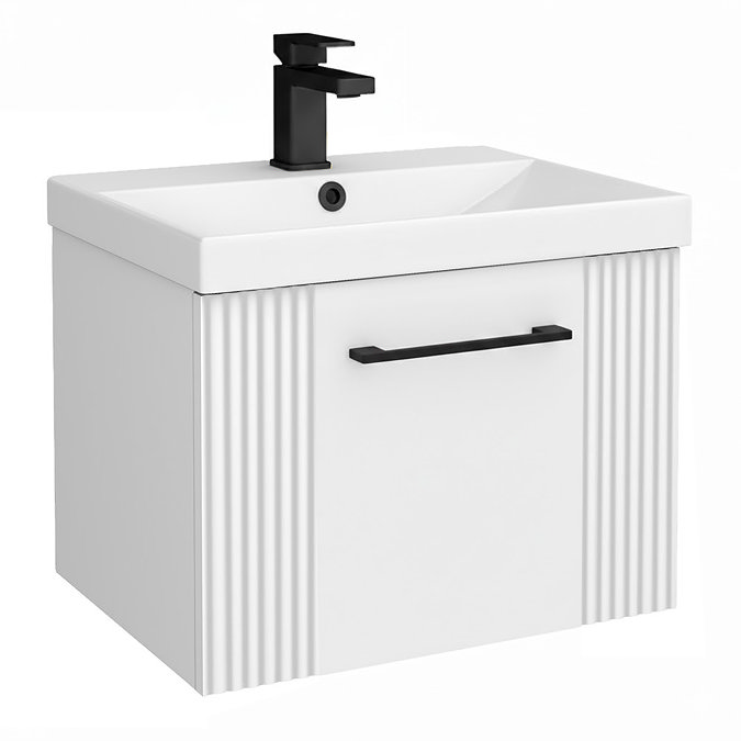 Roxbury Deco Fluted 500mm White Vanity Unit - Wall Hung Single Drawer Unit with Matt Black Handle