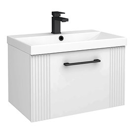 Roxbury Deco Fluted 500mm White Vanity Unit - Wall Hung Single Drawer Unit with Matt Black Handle