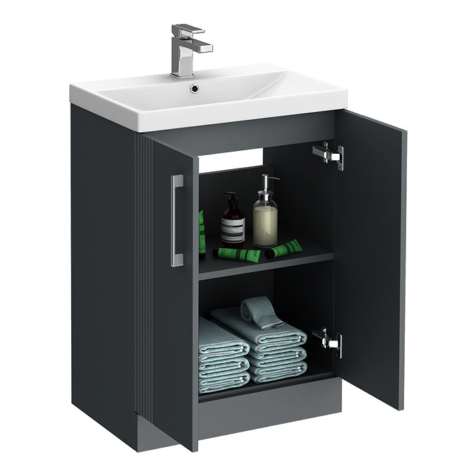 Roxbury Deco Fluted 600mm Anthracite Grey Vanity Unit - Floor Standing 2 Door Unit with Chrome Handles