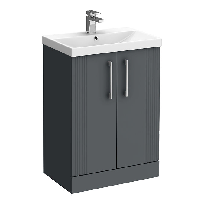 Roxbury Deco Fluted 600mm Anthracite Grey Vanity Unit - Floor Standing 2 Door Unit with Chrome Handles