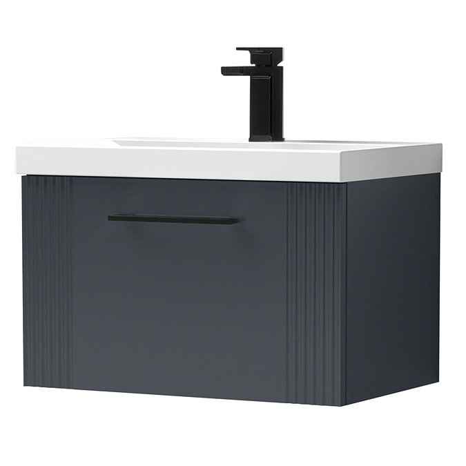 Roxbury Deco Fluted 600mm Anthracite Grey Vanity Unit - Wall Hung 1-Drawer Unit & Matt Black Handle