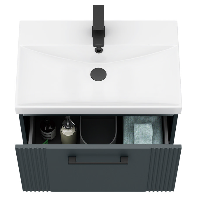 Roxbury Deco Fluted 600mm Anthracite Grey Vanity Unit - Wall Hung 1-Drawer Unit & Matt Black Handle