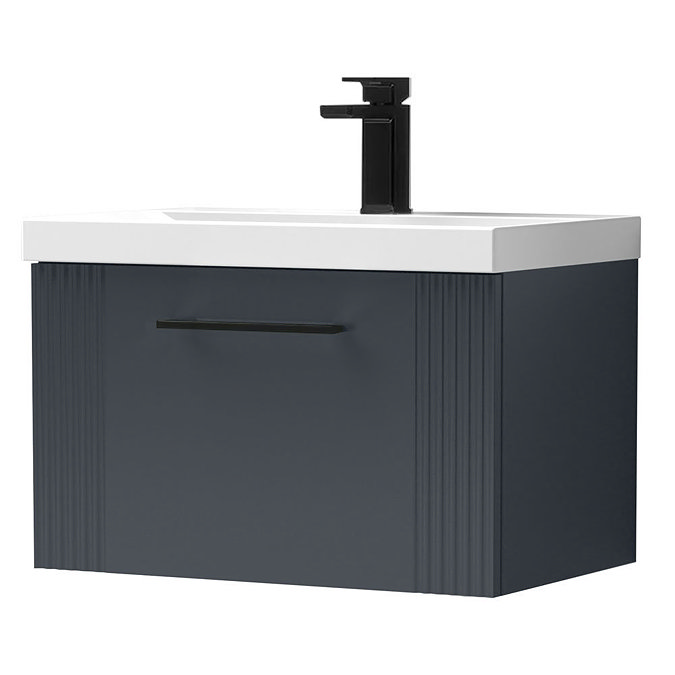 Roxbury Deco Fluted 600mm Anthracite Grey Vanity Unit - Wall Hung 1-Drawer Unit & Matt Black Handle