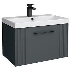 Roxbury Deco Fluted 600mm Anthracite Grey Vanity Unit - Wall Hung 1-Drawer Unit & Matt Black Handle