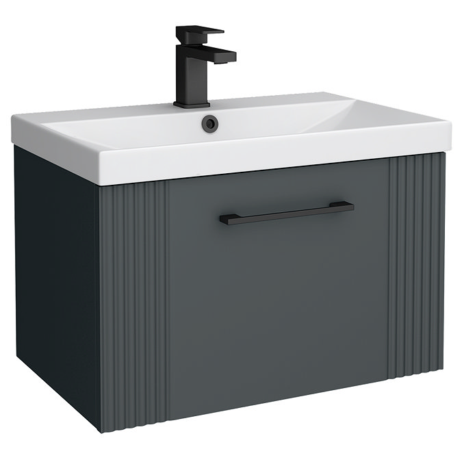Roxbury Deco Fluted 600mm Anthracite Grey Vanity Unit - Wall Hung 1-Drawer Unit & Matt Black Handle