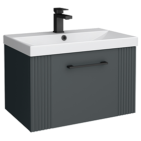 Roxbury Deco Fluted 600mm Anthracite Grey Vanity Unit - Wall Hung 1-Drawer Unit & Matt Black Handle