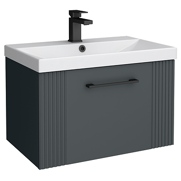 Roxbury Deco Fluted 600mm Anthracite Grey Vanity Unit - Wall Hung 1-Drawer Unit & Matt Black Handle
