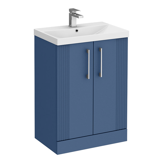 Roxbury Deco Fluted 600mm Blue Vanity Unit - Floor Standing 2 Door Unit with Chrome Handles