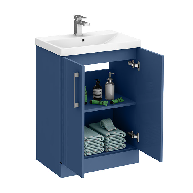 Roxbury Deco Fluted 600mm Blue Vanity Unit - Floor Standing 2 Door Unit with Chrome Handles