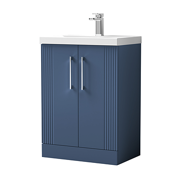 Roxbury Deco Fluted 600mm Blue Vanity Unit - Floor Standing 2 Door Unit with Chrome Handles