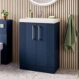 Roxbury Deco Fluted 600mm Blue Vanity Unit - Floor Standing 2 Door Unit with Chrome Handles