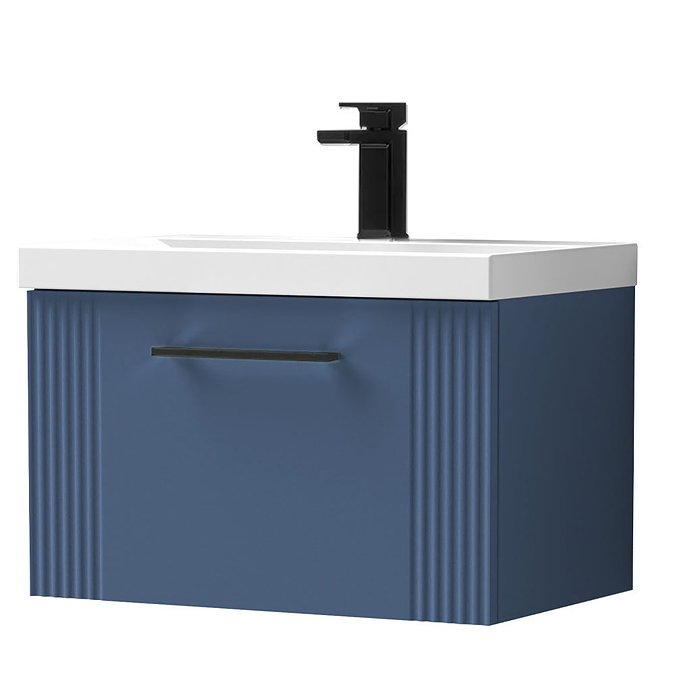 Roxbury Deco Fluted 600mm Blue Vanity Unit - Wall Hung 1-Drawer Unit with Thin-Edged Ceramic Basin and Matt Black Handle