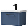Roxbury Deco Fluted 600mm Blue Vanity Unit - Wall Hung 1-Drawer Unit with Thin-Edged Ceramic Basin and Matt Black Handle