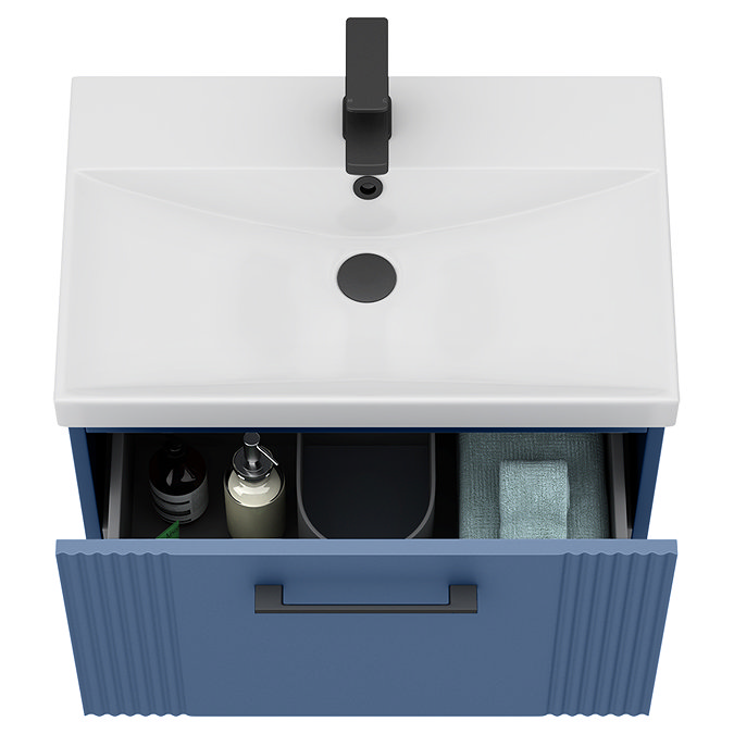 Roxbury Deco Fluted 600mm Blue Vanity Unit - Wall Hung 1-Drawer Unit with Thin-Edged Ceramic Basin and Matt Black Handle