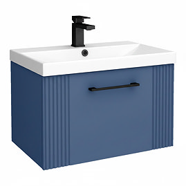 Roxbury Deco Fluted 600mm Blue Vanity Unit - Wall Hung 1-Drawer Unit with Matt Black Handle