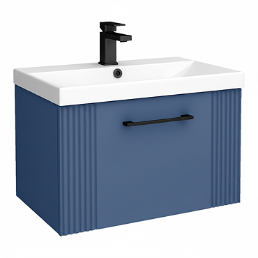 Roxbury Deco Fluted 600mm Blue Vanity Unit - Wall Hung 1-Drawer Unit with Thin-Edged Ceramic Basin and Matt Black Handle